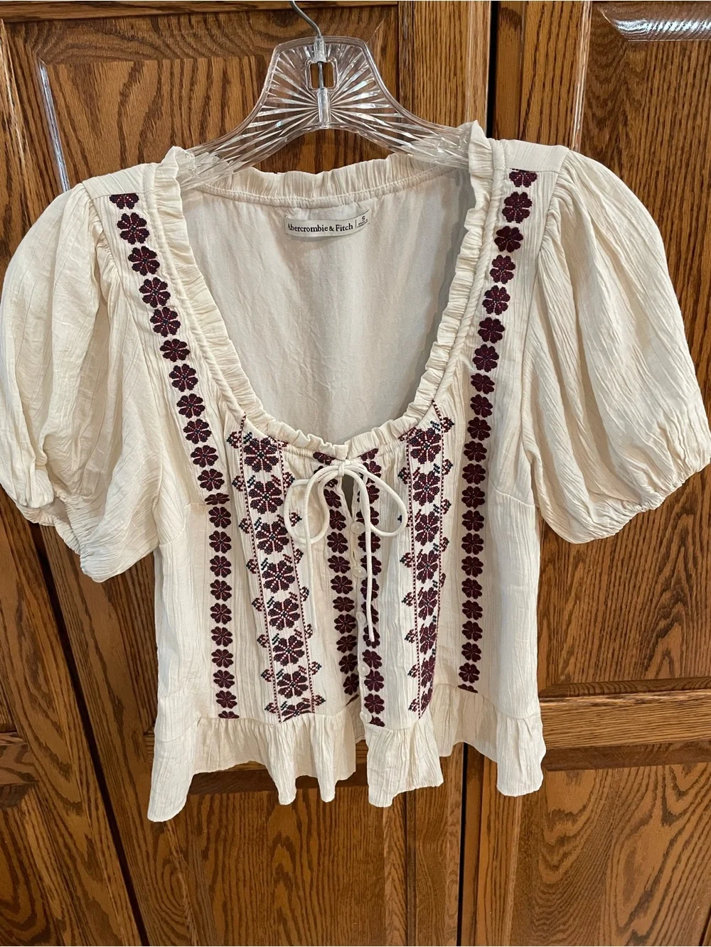 Abercrombie & Fitch Cream Blouse with Burgundy Floral Embroidery
